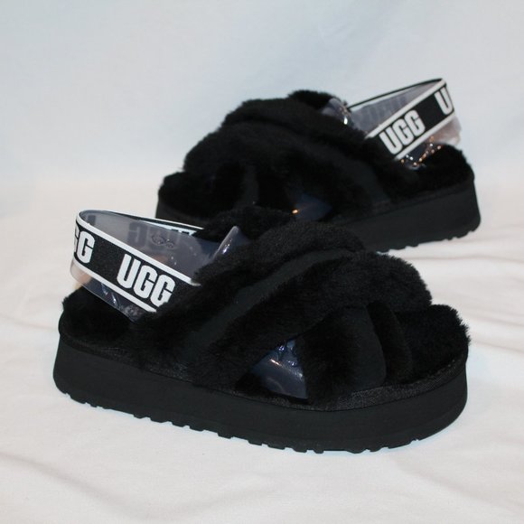 NIB UGG CRISS CROSS PLATFORM SHEARLING SLIDE SLIPPER SANDALS BLACK WHITE - Picture 1 of 7